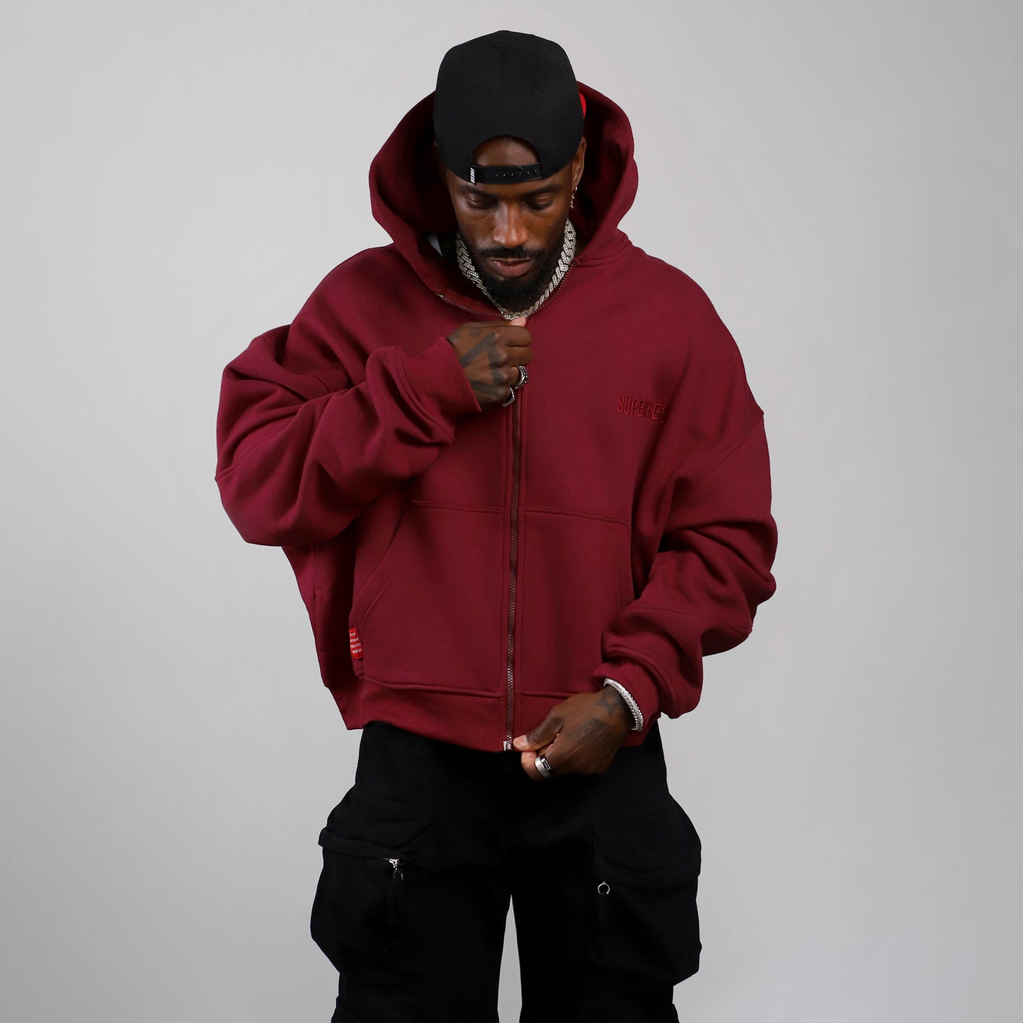 Drop Shoulder Zip Hoodie (Maroon)
