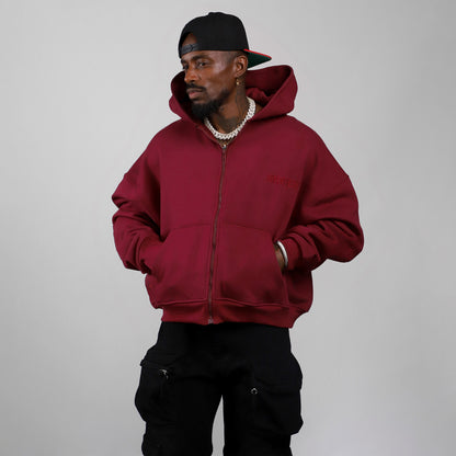 Drop Shoulder Zip Hoodie (Maroon)