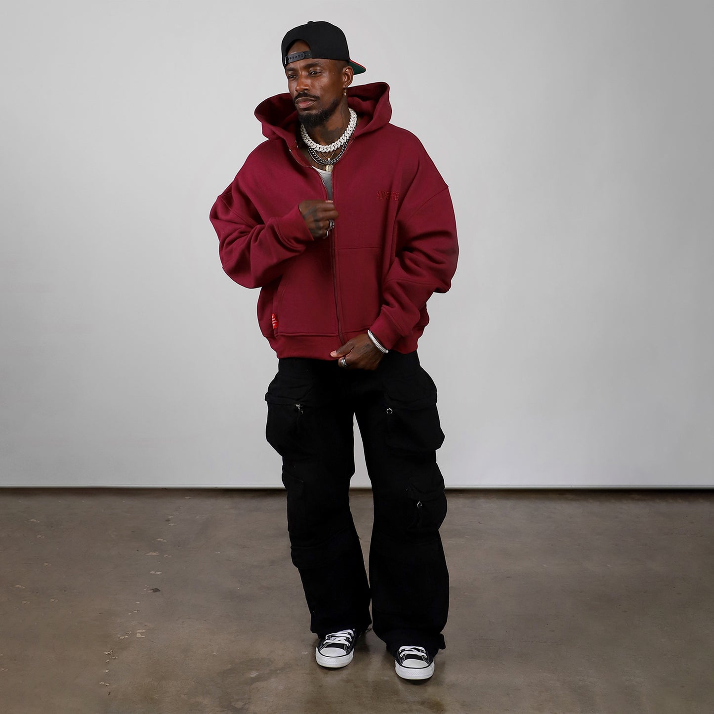 Drop Shoulder Zip Hoodie (Maroon)