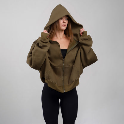 Drop Shoulder Zip Hoodie (Forest Green)